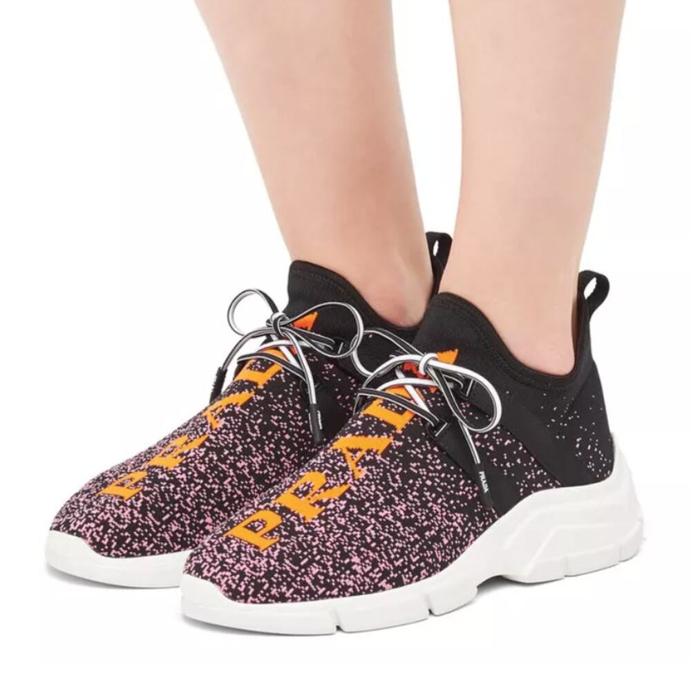 Prada Logo Speckled Lace Up Sneakers